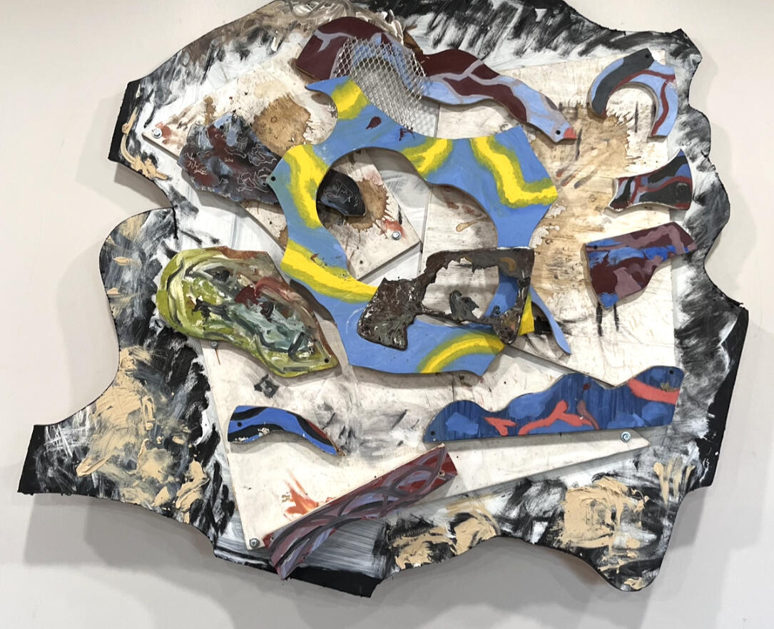 "Obstructed View" 1 of 2 Oil, inkjet transfer, coffee, foam and metal on wood mounted to panel 50" x 39" x 5" 2023-2024