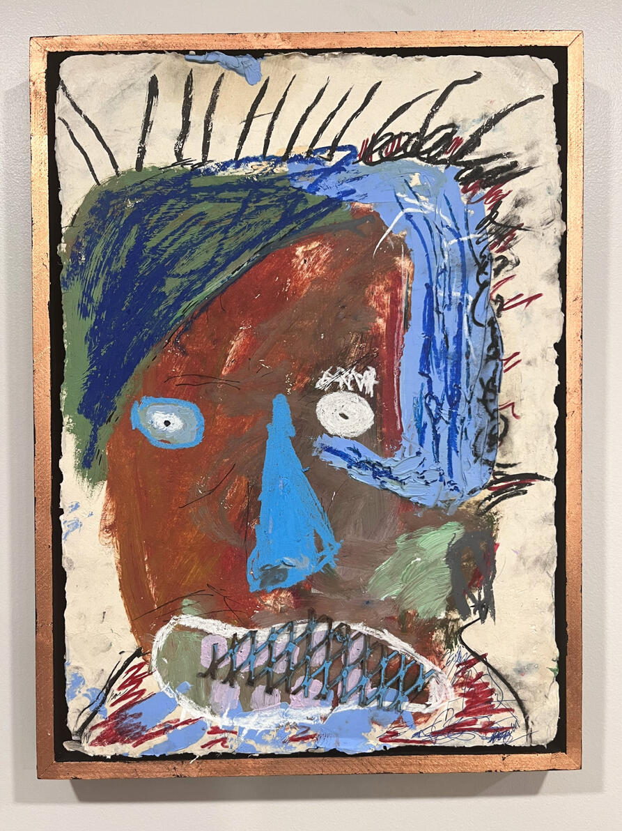 "Nightmare" Oil, oil stick, acrylic, nupastel and metal on handmade paper mounted to panel in artists frame, copperleafed 16" x 23" (Sold)