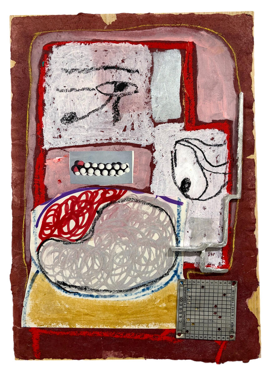 "Doorway to the soul" Oil stick, marker, construction paper, metal, collage, and found objects on hand made paper 12" x 17" 2025