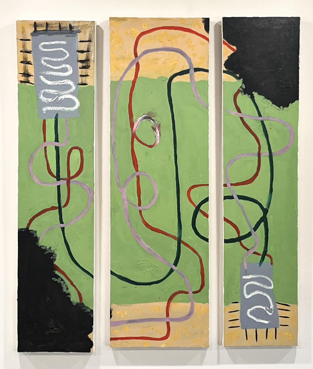 "Untethered, In 3 parts" Oil, oil stick, bronze dust and copper on canvas 36" x 43", 10" x 43", 13" x 43", 10" x 43" Private collection