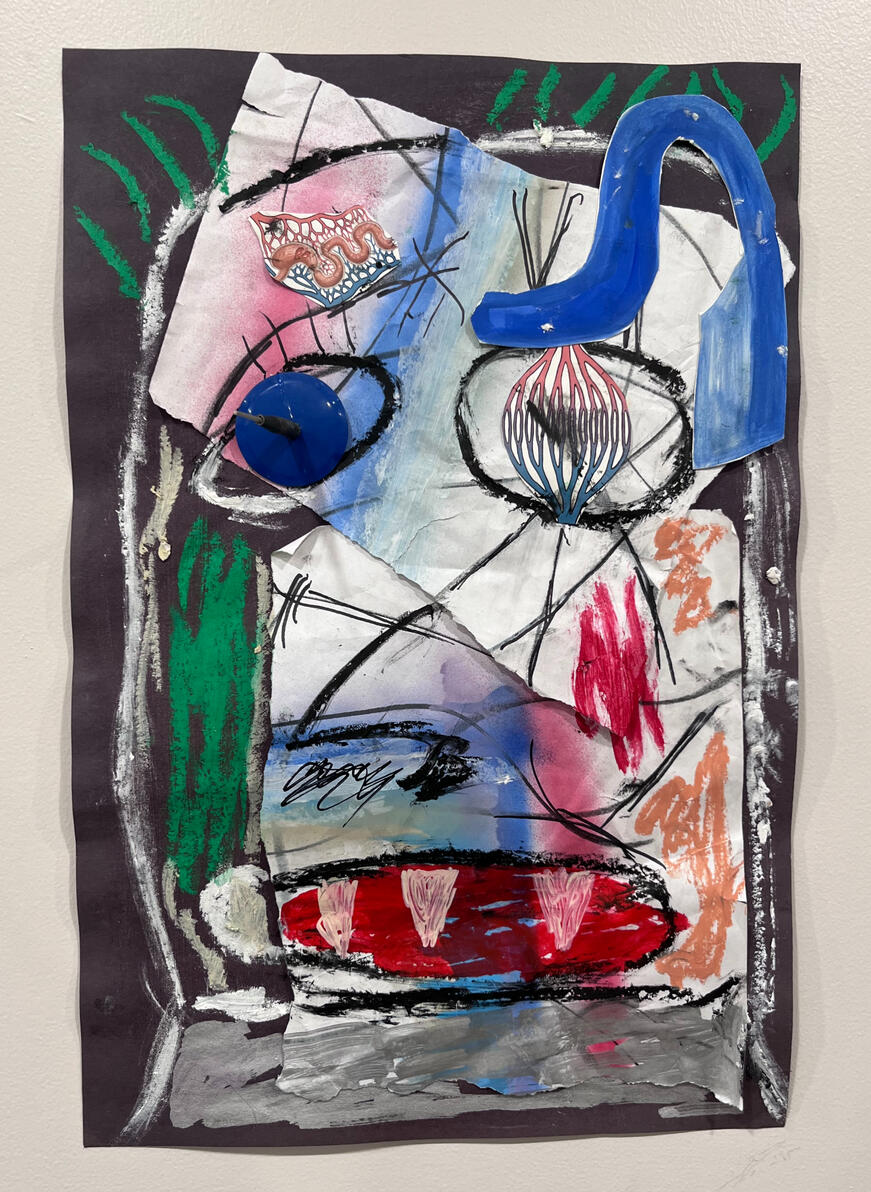 "Pinpoint" Oil stick, graphite, collage and found objects on paper 12" X 17" 2025