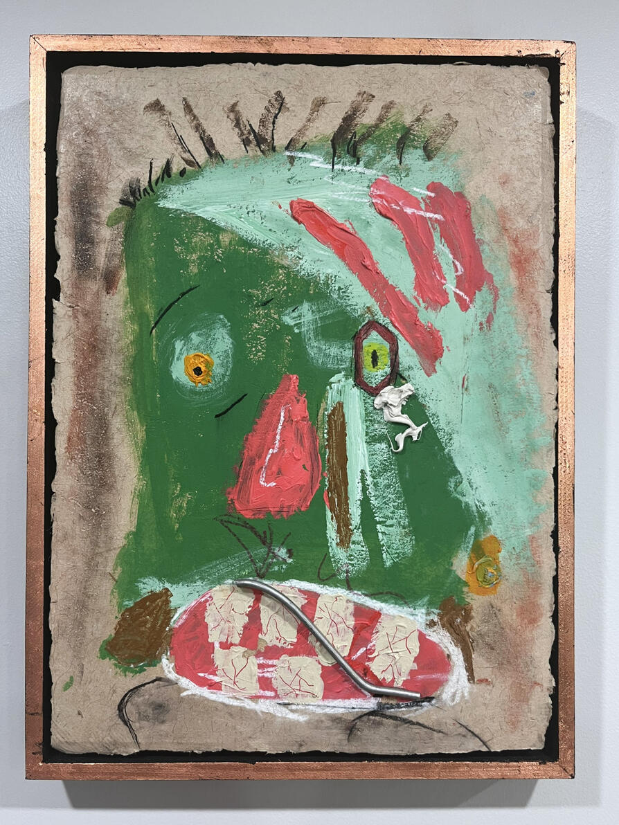 "Green Man, O-" Oil, oil stick, felt tip pen, acrylic, nupastel, silicone and metal on handmade paper mounted to panel in artists frame, copperleafed 16" x 23" 2023