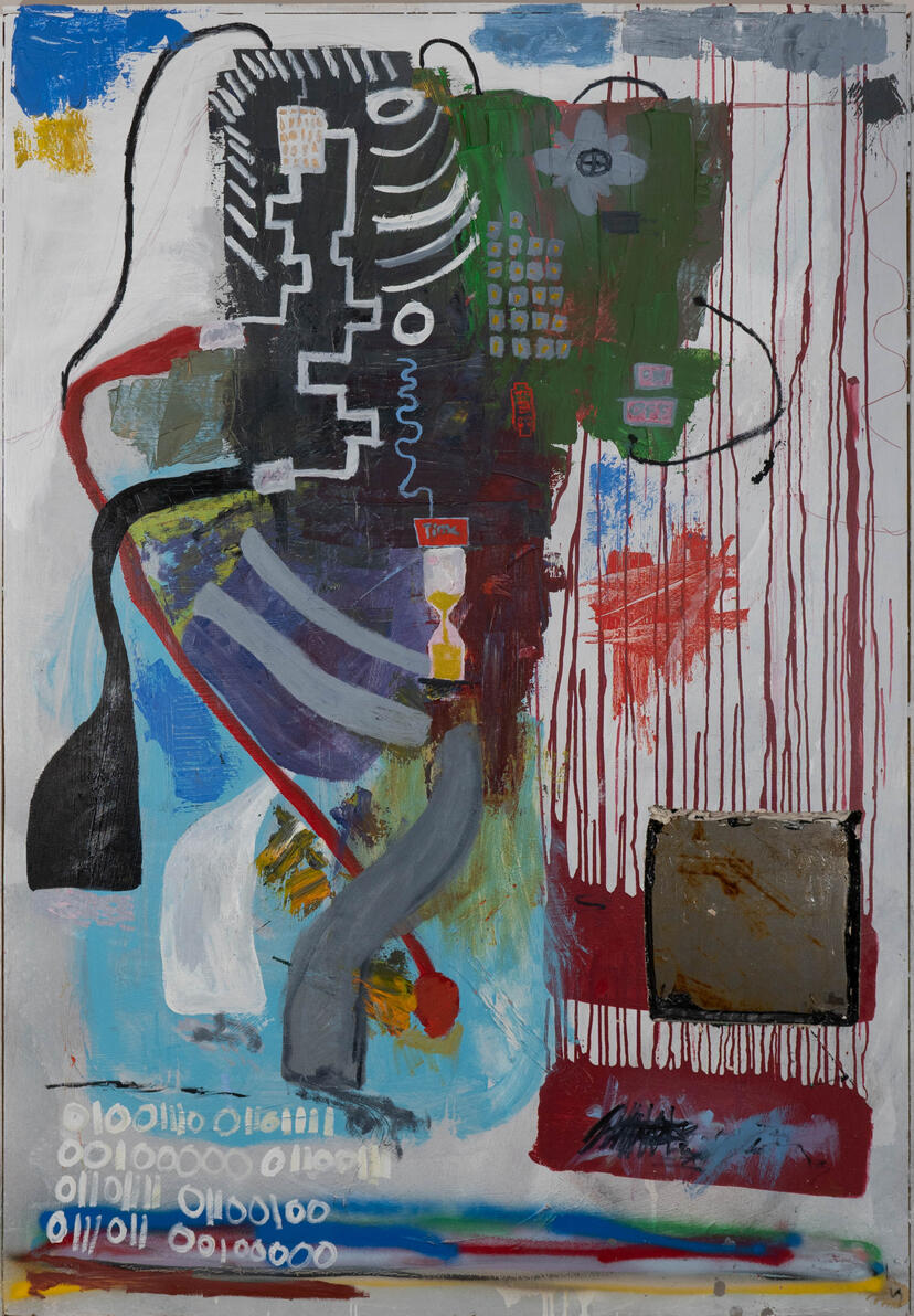 "Traveler" Oil, silicon and sheet metal on panel (destroyed)