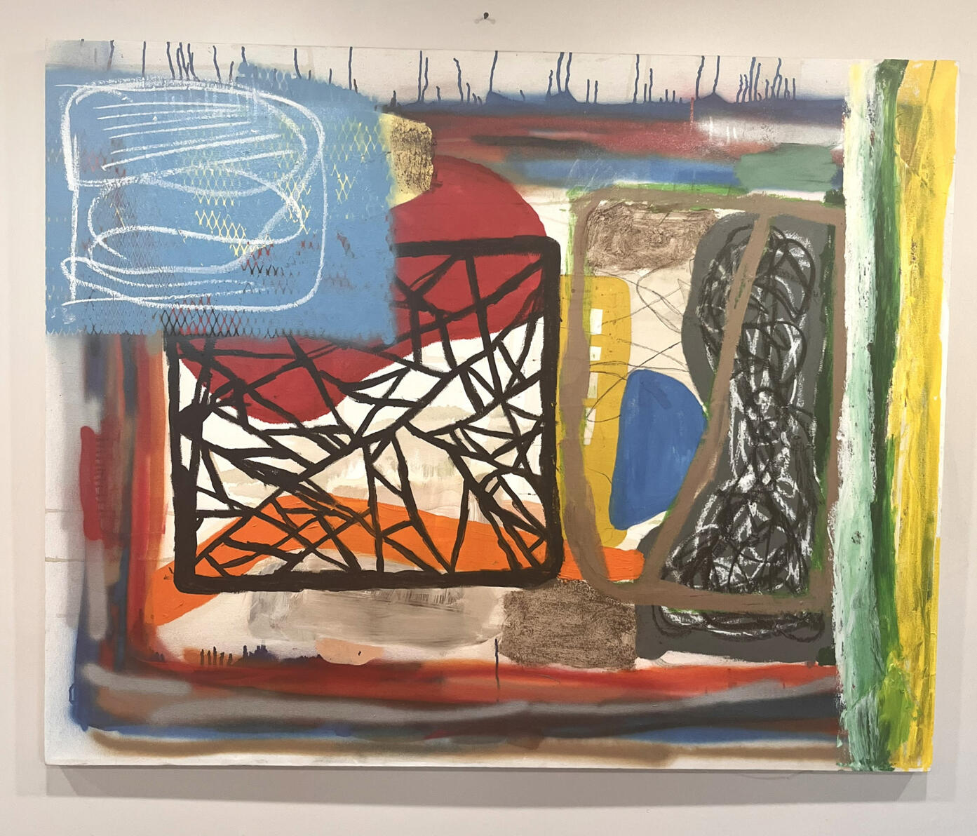 "Convalescence" Oil, oil stick, tempera stick, coffee, bronze dust, spray adhesive, charcoal and spray paint on canvas. 47" x 59" 2023