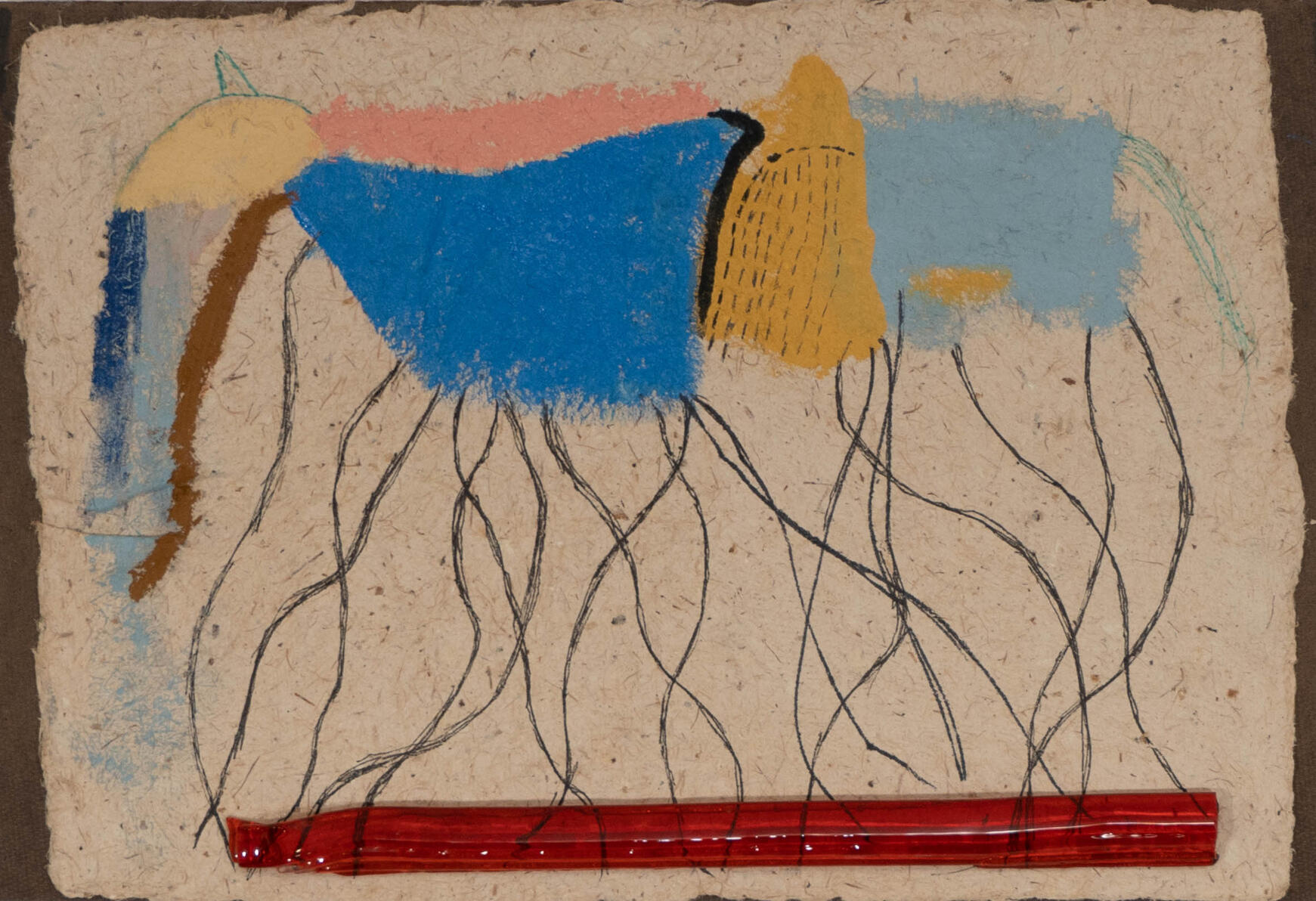 "Thousand legged horse" Marker, pen, oil and colored glass on handmade paper mounted on panel