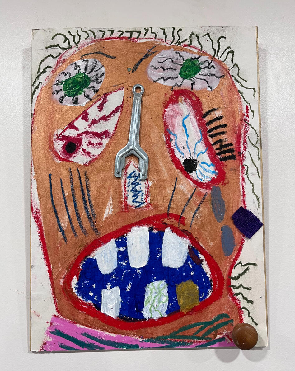 "Animorph" Oil stick, acrtlic and found objects on paper mounted on board 12" X 17" 2025