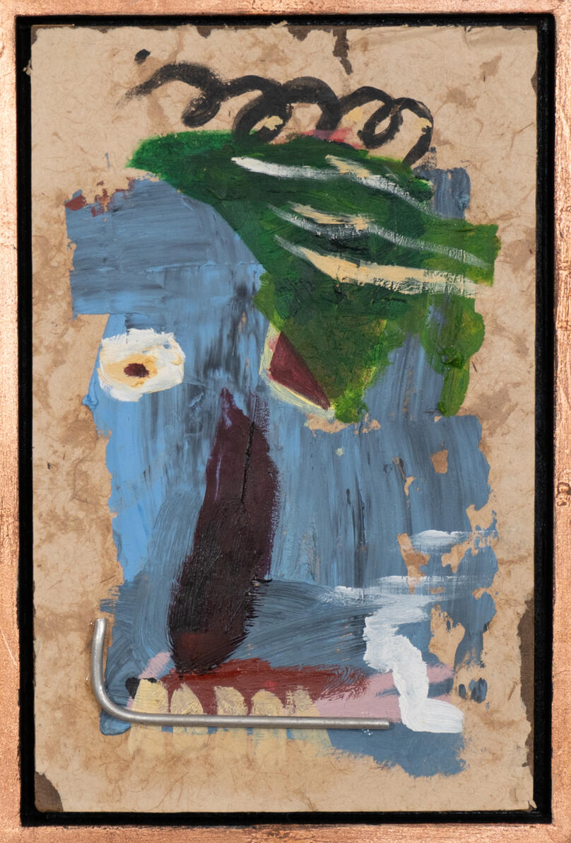 "Gum Head" Oil, oil pastel, and steel on handmade paper mounted on panel in handmade frame