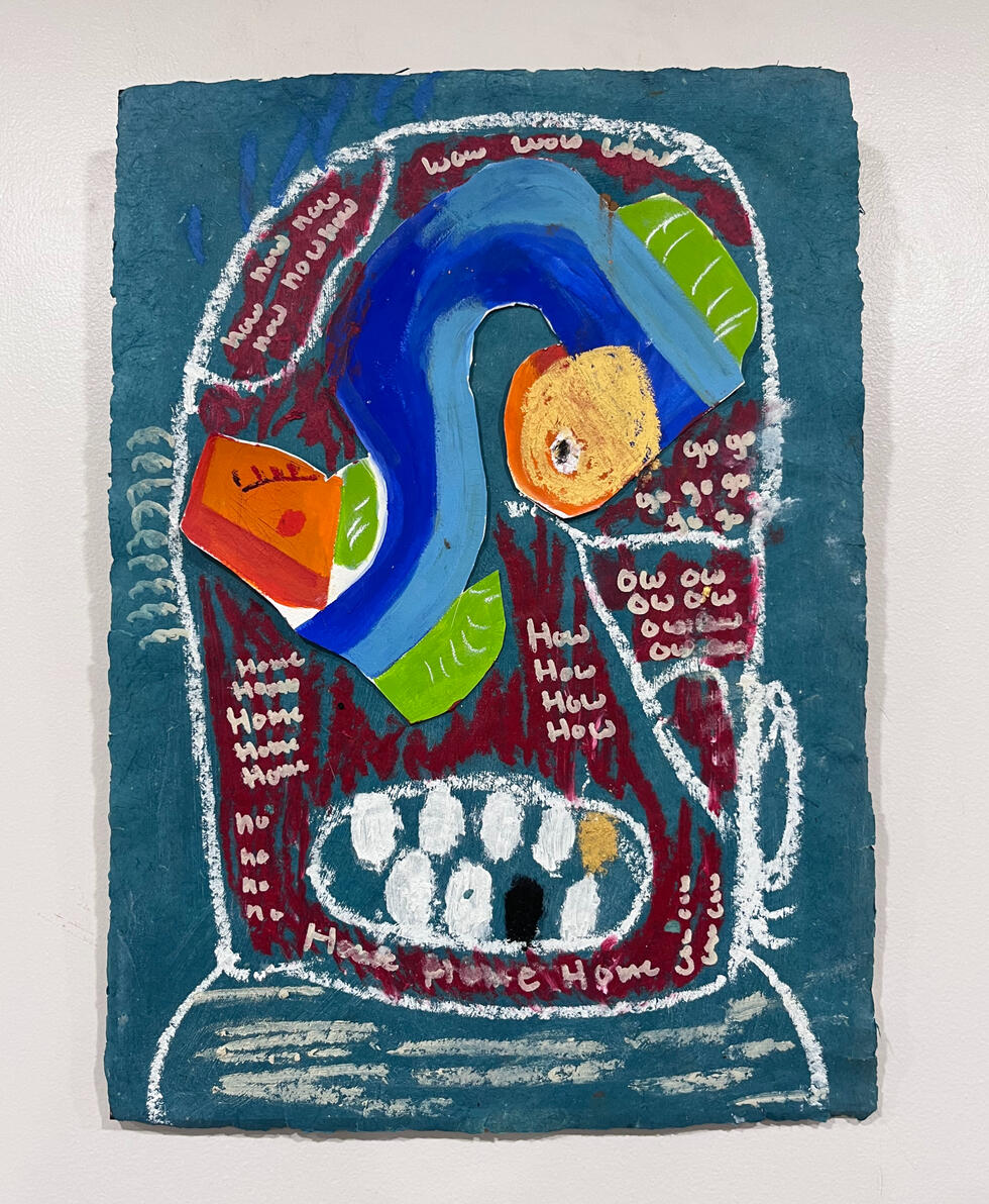 "What are you looking at?" Oil stick, marker and collage on paper mounted on board 12" X 17"