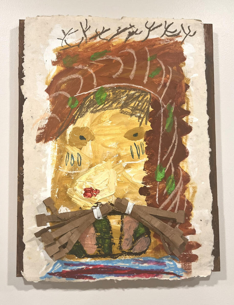 "Coworker" Oil, oil stick, nupastel and cardboard on handmade paper mounted to panel 13" x 17" 2024